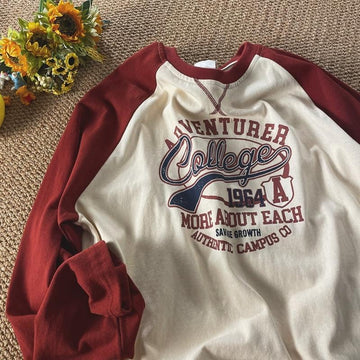 Wiaofellas Vintage Oversized T-shirt for Men Contrast Color Raglan Long Sleeve Letter Print T Shirt Hip-hop American Retro Unisex Tops Tees